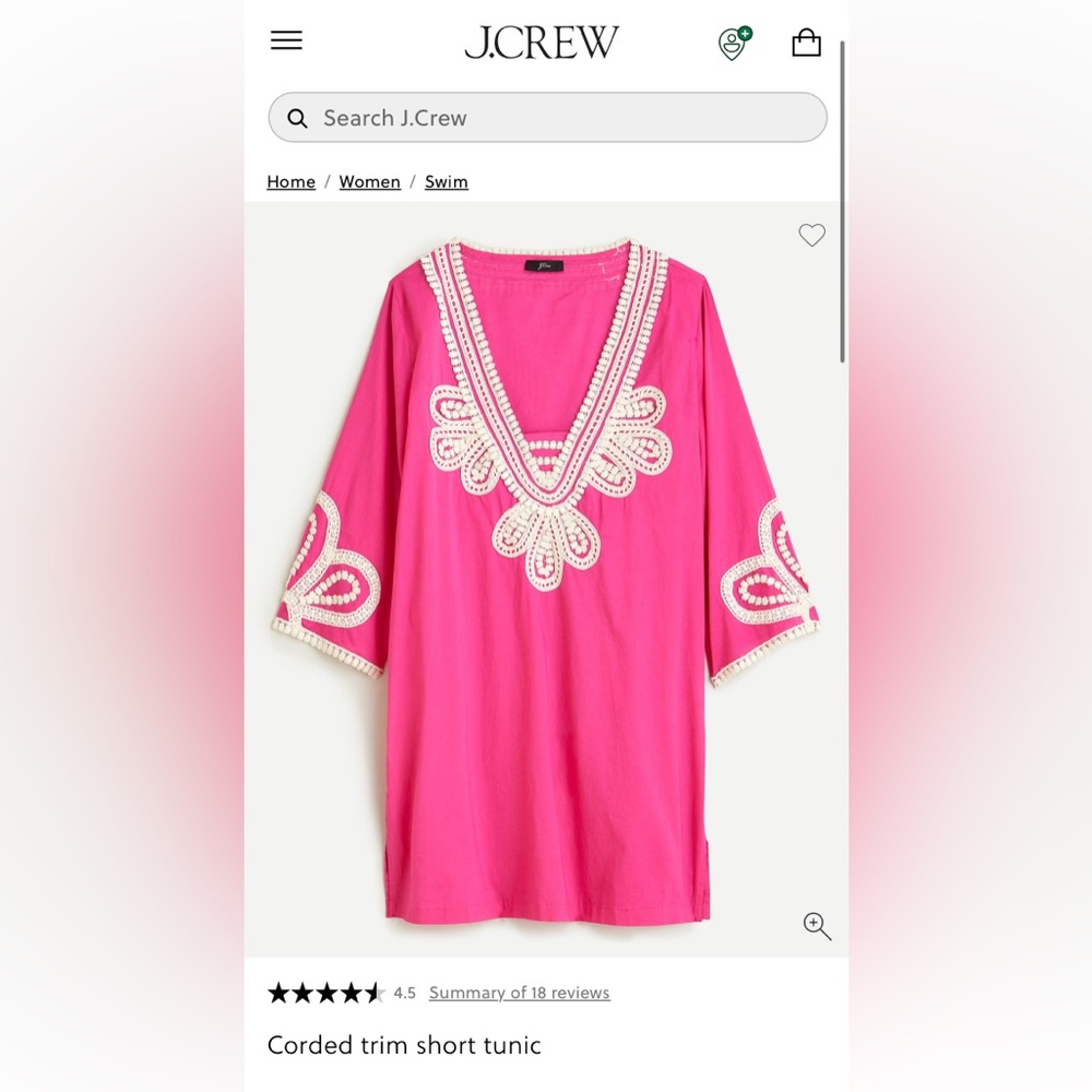 J. Crew Hot Pink Corded Trim V-Neck Short Tunic with Cream Crochet Trim XS